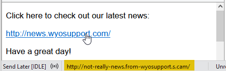 Example of a false hyperlink in an email.